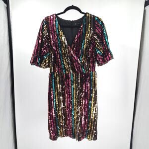 NWT New York & Company Dress S Full Sequin Surplice Flutter Sleeve Party Rainbow